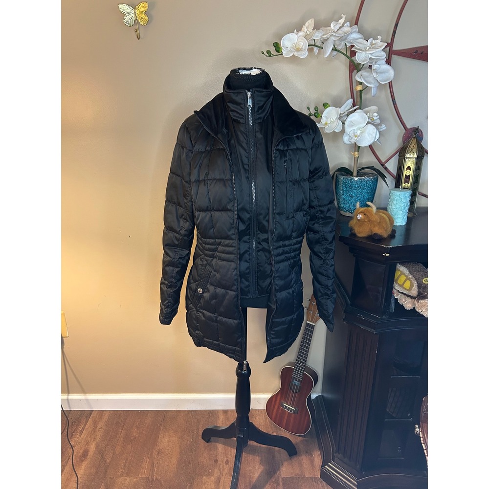 Nautica Womens Black Quilted Puffer Jacket Fleece Lined Funnel Neck Coat Size M